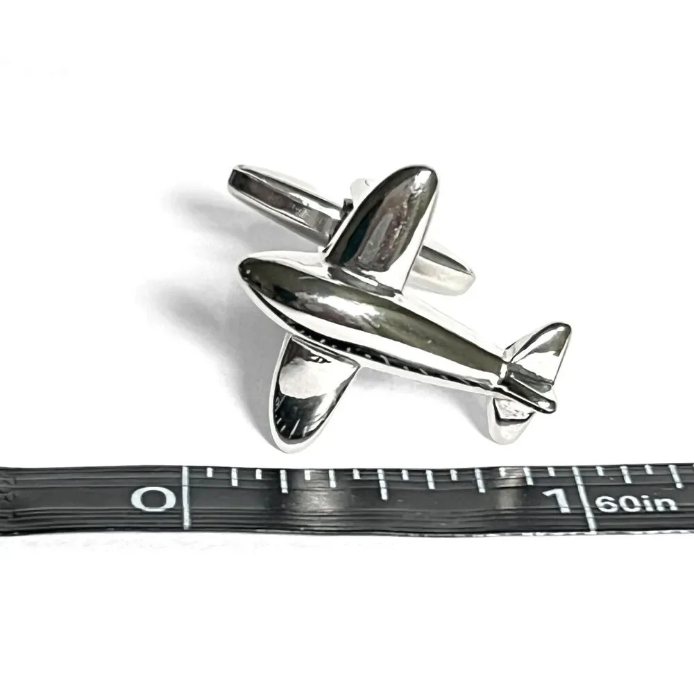 Airplane Cufflinks Silver Tone Fasteners Pilot Flight Attendant Plane Aviation